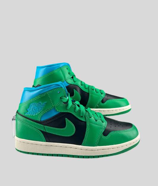 Size 7 women/ 5.5 men- Air Jordan 1 Mid Black/ Lucky Green/ Aquatone BQ6472-033